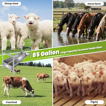 Stainless Steel Livestock Hay Feeder 85 Gallon, 2-in-1 Heavy Duty Feed Trough for Goats, Sheep, Miniature Horses, Rust-Proof Pasture Rack, Minimizes Waste