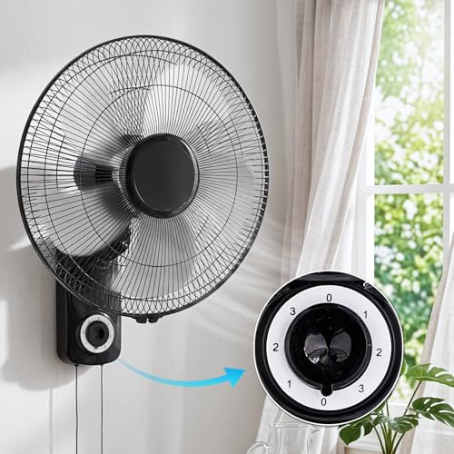Winado 16 inch Oscillating Wall Mount Fan, Quiet 3-Speed Indoor Fan with 60° Adjustable Tilt, Pull-Chain Easy to Control, Space-Saving Cooling for Home, Office, Greenhouse
