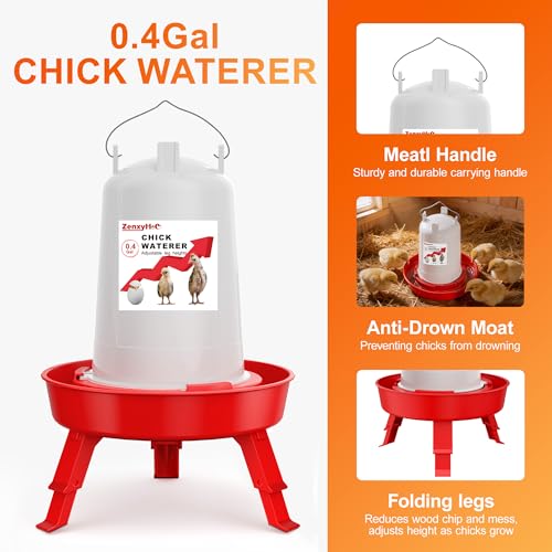 2-in-1 Chick Starter Set: 0.4 Gal Top Filling Feeder and 0.4 Gal Waterer with Adjustable Legs for Baby Chicks, Includes Scoop, Hanging Hooks, Anti-Drown Design (Red) - size: 0.4Gal Feeder & 0.4Gal Waterer