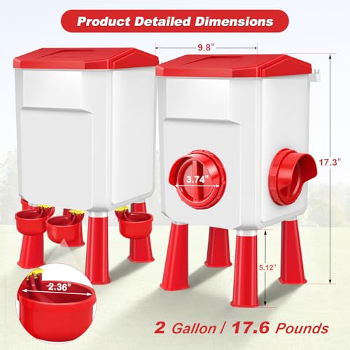 Chicken Feeder and Waterer Set 2 Gallon/17.6 Pounds, Automatic Chick Feeder and Waterer Set No Waste, Poultry Feeder Large for Hens/Ducks/Poultry - color: Red