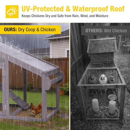 Aivituvin Mobile Chicken Coop with Wheels for 2-4 Chickens, Backyard Expandable Chicken House Duck Cage with Run, 2 Nesting Boxes, Easy Clean Pull-Out Tray, Leak-Resistant Asphalt Roof, 72.3"(Grey) - color: Grey, size: 72.3"L x 26.0"W x 39.4"H