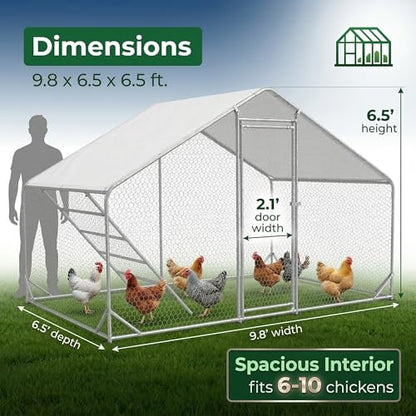CHIKENCOOP 9.8 x 6.5 x 6.5 ft Metal Chicken Coop, Chicken Run with Cover | Walk-in outdoor enclosure with waterproof UV-resistant cover, reinforced frame, and 47 x 40 in eucalyptus perch - size: 118.0"L x 80.0"W x 80.0"H