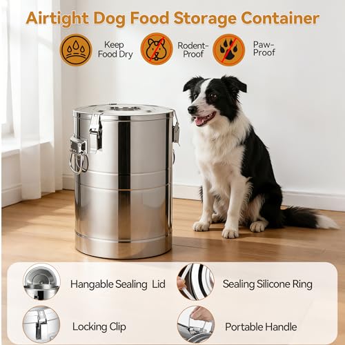 Newget 35 Lbs Stainless Steel Dog Food Storage Container, Large Airtight Pet Food Storage Bin with Lid to Keep Fresh, Metal Container with Scoop for Dog, Cat, Bird Seed, Rice, Grain & Kitchen Pantry - size: 35 lbs