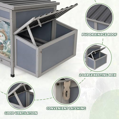 COZIWOW Chicken Coop with Nesting Boxes, 59'' Large Outdoor Poultry Hutch with 2 Perches, Weatherproof Wooden Hen House with Pull-Out Tray, Chicken Cage for Ducks & Rabbits, Gray