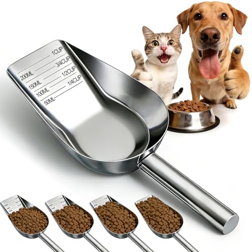 Mity rain Dog Food Scoop Stainless Steel with Long Handle, Precise Dog Food Measuring Cup 1, 3/4, 1/2, 1/4 Cup, Pet Scoop for Dogs, Cats, Rabbits, Animals, Metal Spoon for Dog Food Storage (1CUP) - size: 1CUP