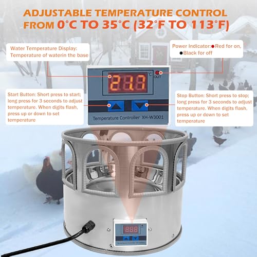 5 Gallon Heated Chicken Waterer Poultry Water Heater for Winter Stainless Steel Adjustable Temperature 8 Drinking Ports Heated Water Bowl for Chickens Ducks Geese Pigeons