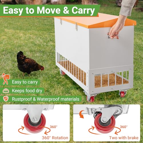 120LBS Chicken Feeder with Grille & Wheels, No-Waste Feeder w/ 38 Ports for 20 Chickens, Powder-Coated Steel Feeder w/Waterproof Lid, 37.6”x14.6”x26.2” - size: 120LBS