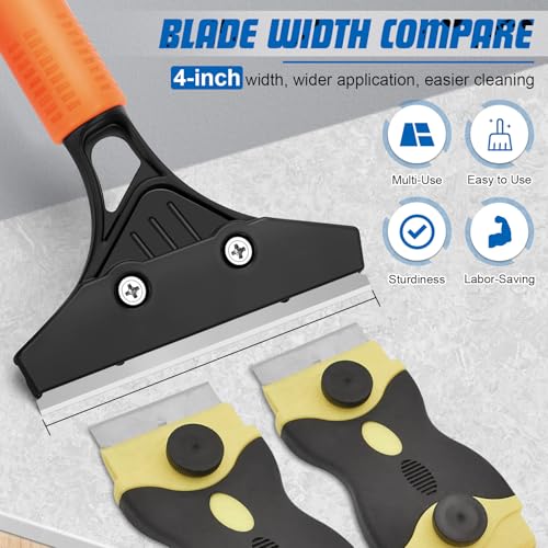 Heavy Duty Floor Scraper with Long Handle,4 Inch Razor Blade Scraper Tool | Cleaning Popcorn Ceiling Wall Glass Windows Gum Paint Tile Glue Linoleum|45.7IN Handle|10PCS Extra Metal Blades|Orange