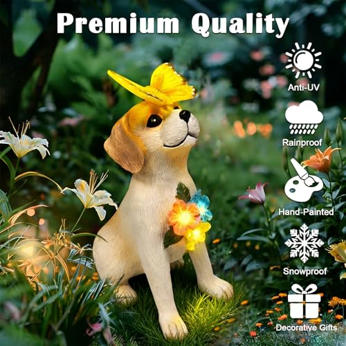 Solar Dog Garden Statues Decor, Outdoor Fairy Dogs Figurines Accessories Decorations with LED Lights Home Patio Balcony Yard Lawn Ornaments, Unique Thanksgiving Gifts for Mom Women Dad Friends - style: butterfly dog