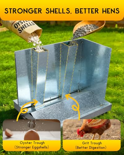 85lbs Metal Chicken Feeder on Wheels, Magicfly Automatic Large Chicken Feeders No Waste Feed Box Poultry Feeder with Latch and Handle, Oyster & Grit Trough for Ducks, Turkeys & Chickens