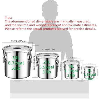 304 stainless steel food storage containers with lids lock clips airtight container large airtight for rice flour sugar grain coffee bean storage containers Kitchen jar (5.55gal/21L) - size: 5.55gal
