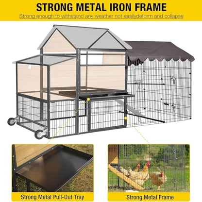 Chicken Coop All-Iron Frame Large Hen House Mobile Poultry Cage with Nesting Box,Metal Run,Waterproof Rain Cover Duck Coop, 85" - size: 85.6"L x 48.2"W x 48.2"H
