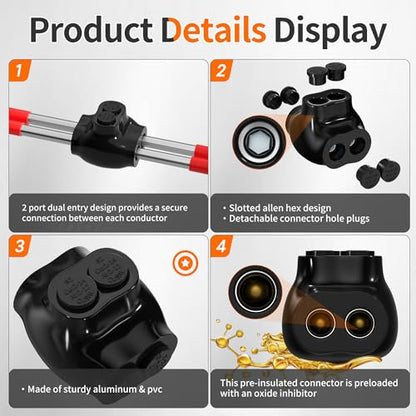 Joinfworld 2 Port Insulated Splice Connectors 2-14 AWG Aluminum to Copper Wire Connectors Dual Entry Black Electrical Cable Connectors with 5/32" Slotted Allen Hex - 6 Pack - size: 2-14 AWG