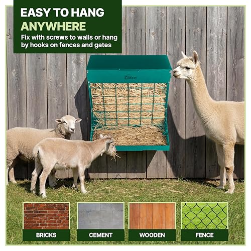 Wall Mount Hay Rack And Hay Feeder For Goats Sheep And Horses, Covered Galvanized Steel Goat Hay Feeder With Hinged Roof, 25 Gallon 2-In-1 No Waste Hanging Holder Grain Bin with hook For Cattle - color: Green