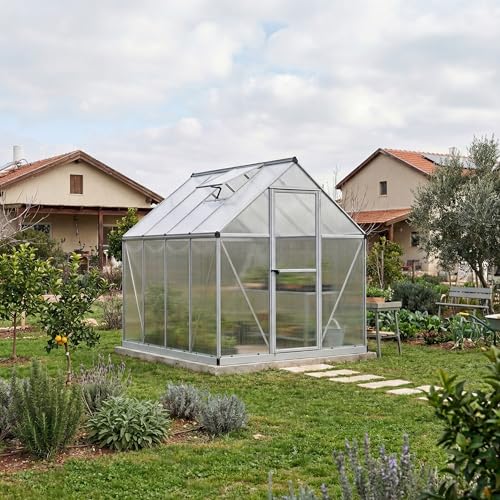 Canopia 6x8 Greenhouse Kit with Plant Hangers, Hobby Walk-in Twin-Wall UV Polycarbonate Heavy Duty Aluminum Frame, Lockable Door, Adjustable Roof Vent, Rain Gutters, Galvanized Steel Base, Mythos - color: Silver with Plant Hangers, size: 6 Ft. x 8 Ft.