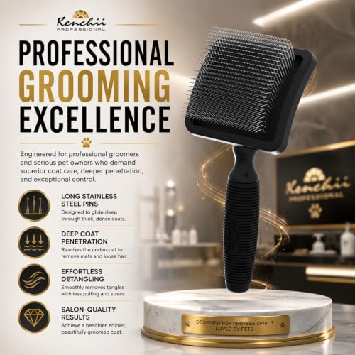 Kenchii Long Pin Slicker Brush for Dogs (Poodles, Doodles, Goldendoodles, Labradoodles), Professional Grooming Brush for Detangling, Fluffing & Dematting, Non-Slip Comfort Handle (Black) - color: Black