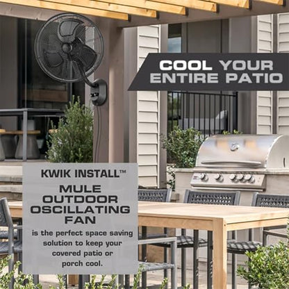 MULE Outdoor KWIK Install Wall Mount Oscillating Wet Rated Fan, Strong Airflow, 3 Speeds, 300 Degree Oscillation, 8 Foot Corded Electric, Matte Black