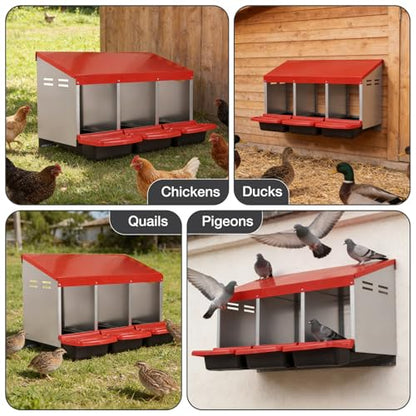 Chicken Nesting Boxes, 3 Compartments Egg Collection with Removable Drawer, Chicken Metal Laying Nest Box for Hens, Easy to Assemble, for Chicken Coop, Red - color: Red