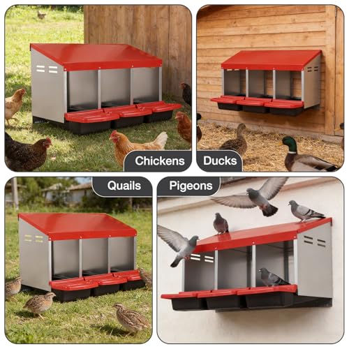 Chicken Nesting Boxes, 3 Compartments Egg Collection with Removable Drawer, Chicken Metal Laying Nest Box for Hens, Easy to Assemble, for Chicken Coop, Red - color: Red