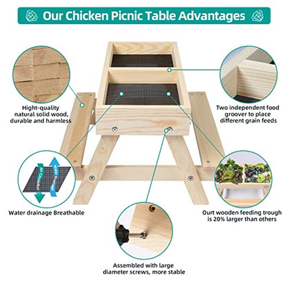 Chicken Picnic Table No Waste, Large Chicken Feeder Handmade Wooden, DIY Chicken Table Feeder Kit, Wild Bird, Duck & Squirrel Feeders No Mess, Mesh Bottom Keep Food Fresh and Dry Easy to Clean Fill - color: Natural Solid Wood