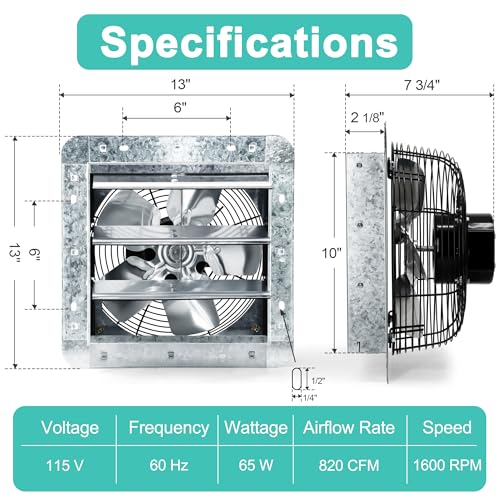 10 Inch Shutter Exhaust Fan with Thermostat and Speed Controller, Wall Mounted Vent Fan for Attic, Greenhouse, Shed, Garage, Chicken Coop, Shop Ventilation, 820 CFM, 1200 SQF Coverage Area - size: 10 Inch