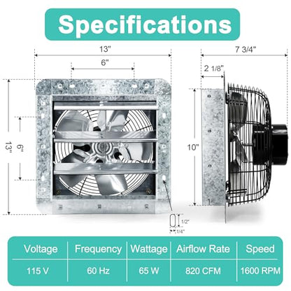 10 Inch Shutter Exhaust Fan with Thermostat and Speed Controller, Wall Mounted Vent Fan for Attic, Greenhouse, Shed, Garage, Chicken Coop, Shop Ventilation, 820 CFM, 1200 SQF Coverage Area - size: 10 Inch