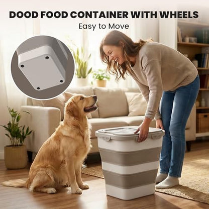 35-40 Lbs Airtight Dog Food Storage Container, Collapsible Dog Food Container with Lid, Wheels, Date Track, Large Pet food storage Container for Rice,Flour,Sugar,Dog Food Scoop,2PCS Containers - color: Khaki/40 lbs