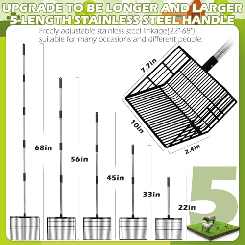 EXPAWLORER Large Chicken Poop Scooper, Adjustable Pet Coop Rake with Stainless Steel Long Handle, Heavy Duty Litter Sifting Sand Sifter Shovel Cleaning Tool Cat Chicken Coop Accessories (22"-68")