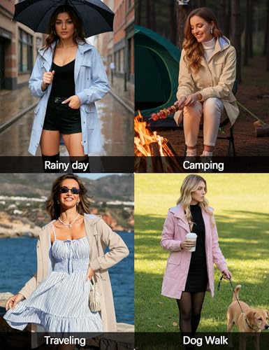 Bloggerlove Rain Jacket Women Lightweight Raincoat Waterproof Windbreaker Striped Climbing Outdoor Hooded Trench Coats S-XXL - color: Khaki, size: Medium
