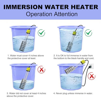 1500W Immersion Heater, GESAIL Bucket Water Heater with 304 Stainless-Steel Guard, Submersible Bucket Heater with Thermostat and Auto Shutoff, Perfect for Home Travel and Winter Job