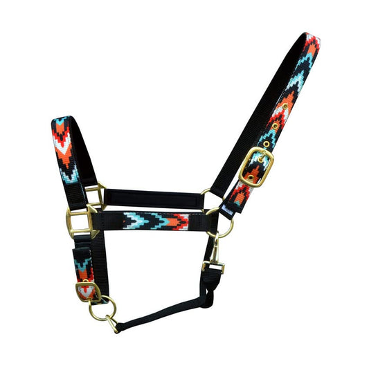 CHALLENGER Nylon Horse Black Multicolor Patterned Neoprene Padded Adjustable Halter 606190v - color: Turquoise Multicolor, size: Cob
