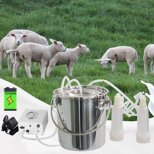 7L Goat Milking Machine,13200mAh Rechargeable Battery & Adjustable Suction Pulsation Vacuum Electric Milker,Portable Automatic Breast Pump with 2 Teat Cups Stainless Steel Bucket for Goats - size: 7L Goat Battery