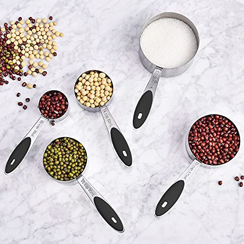 Measuring Cups & Spoons Set of 16, Wildone Stainless Steel Measuring Cups and Measuring Spoons with Black Silicone Handle, Including 8 Nesting Cups, 8 Spoons, for Dry and Liquid Ingredient | 8 Measuring Cups and 8 Measuring Spoons, Nesting Design, Heavy D
