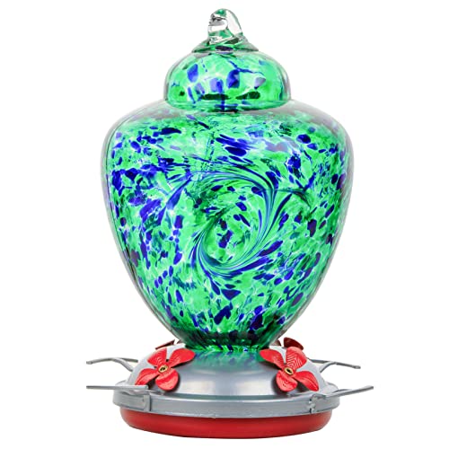 REZIPO Hummingbird Feeder with Perch - Hand Blown Glass - Green(Firework) - 38 Fluid Ounces Hummingbird Nectar Capacity Include Hanging Wires and Moat Hook, blue/Green - color: Blue/Green