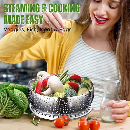 Flexzion Vegetable Steamer Basket for Pot - Stainless Steel Steaming Basket for Veggie, Fish, Meats, Eggs - Extendable Expandable Foldable Steam Basket w/Handle for Various Pot Size, 7 to 11 Inch