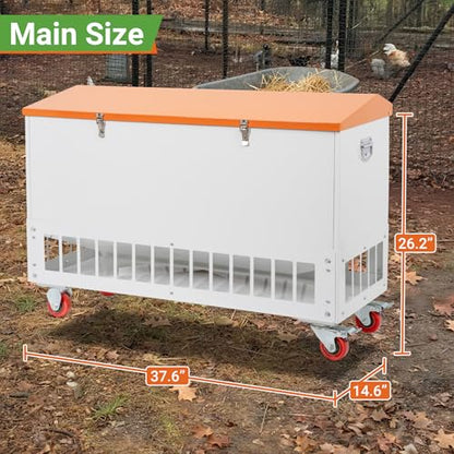 120LBS Chicken Feeder with Grille & Wheels, No-Waste Feeder w/ 38 Ports for 20 Chickens, Powder-Coated Steel Feeder w/Waterproof Lid, 37.6”x14.6”x26.2” - size: 120LBS
