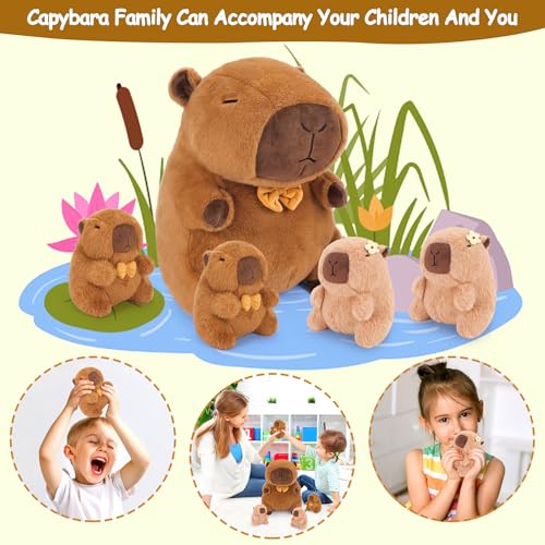 Achwishap 5PCS Capybara Plush,Capybara Stuffed Animal Mommy with 4 Capybaras Babies Plush Toy,Cute Plushie Capybaras Hugging Pillow Cuddle Plushie for Kids Girls Boys Birthday,Capy bara Family 16” - color: Brown Capybara Family-1+4