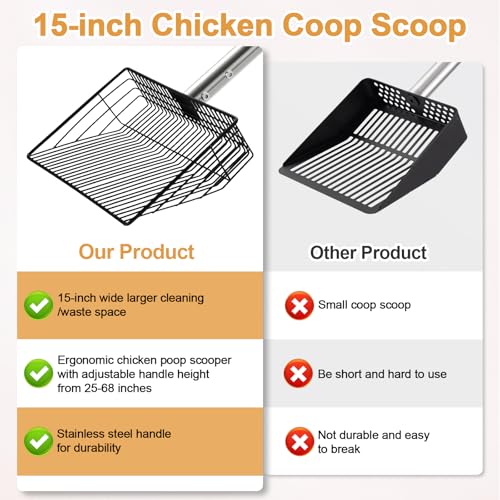 15" Chicken Poop Scooper & Rake, Metal Chicken Coop Scoop for Poop with 24 to 68" Adjustable Stainless Steel Handle, Litter Scooper Sifting Shovel Chicken Coop Accessories