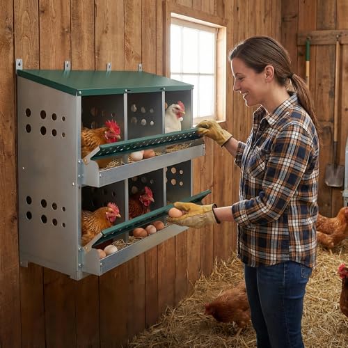 6 Compartments Chicken Egg Nesting Box, Roller Design, Green Metal, 33x16.3x25.6 inches, Wall Mounted, Easy Clean Rust Free Chicken House Egg Box