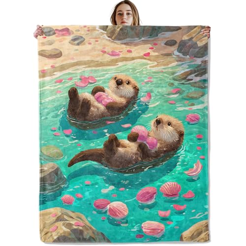 Cute Otters Floating with Shells Blanket, Soft Cozy Lightweight Whimsical Sea Animal Beach Throw Blanket for Teens Women Kids, Sofa Couch Bed 40x50 Inch Flannel Blankets for Travel Decor Gifts - color: Otter44, size: 40×50 Inch