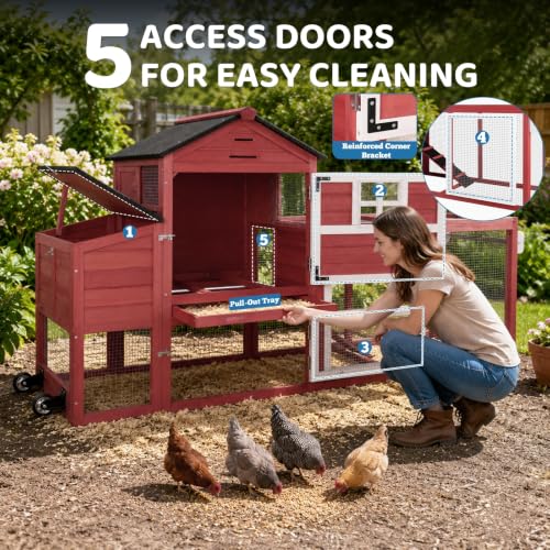 Chicken Coop with Wheels for 4-6 Chickens, Mobile Hen House with Run, Outdoor Chicken Coop, Ventilated Window, Easy-Clean Nesting Box, Weatherproof Asphalt Roof, 82.7” L x 25.6” W x 44.1” H, Red - color: Red