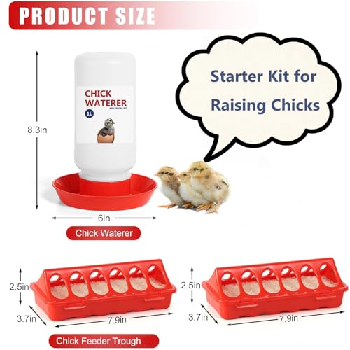 Chick Feeder and Waterer Set, 3 Pcs Baby Chicken Supplies with Chicks Feeder Trough and 1L Waterer, Chicken Starter Kit for Small Poultry Ducks Quail Coop