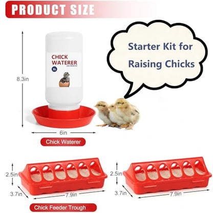 Chick Feeder and Waterer Set, 3 Pcs Baby Chicken Supplies with Chicks Feeder Trough and 1L Waterer, Chicken Starter Kit for Small Poultry Ducks Quail Coop