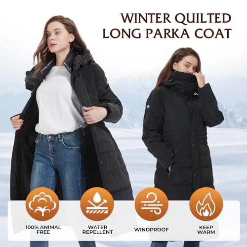 IKAZZ Women's Winter Coats, Thickened Warm Insulated Vegan Down Long Parka Jacket with Hood - color: Black, size: X-Small