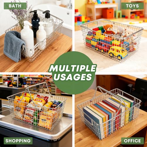 2 Pack Picnic Baskets with Handle, Pantry Organizers and Storage Basket, Stainless Steel Cabinet Organizer, Multi-functional Basket, for Gathering,Closets,Pantry,Garage,Bathroom,Picnic & More (S+L) - size: S+L