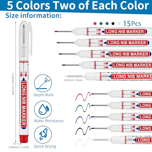 15 PCS Long Head Deep Hole Marker Pens,20mm Long Nib Marker, Longs Nose Markers, Waterproof Construction Markers Marking Tool,Permanent Markers Carpenter Ink marker Pens,Metal marking Pens - color: 15PCS-20MM-Red/Blue/Green/Black/White