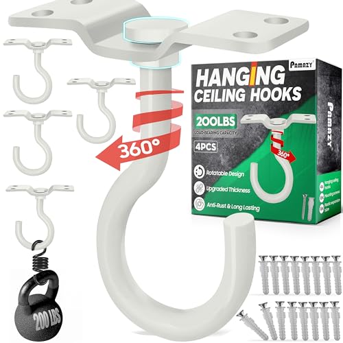 [UPGRADED] 200LBS 4Pcs Rotatable Ceiling Hooks with 4 Screw Points Plate Base, White Wall Mount Metal Hanger for Hanging Plants, Bird Feeders, Lanterns, Lights, Wind Chimes, Indoor Outdoor Decor - style: 4PCS