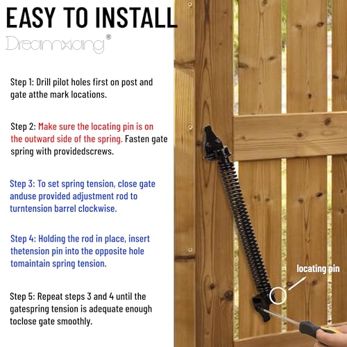 14" Gate Spring Self Closing Heavy Duty Outdoor Door Spring Automatic Fence Gate Closure Hardware Spring Loaded Gate Latch with Adjustable Tool for Wooden and Vinyl Fence, Black (2 Pack) - size: 14 Inch