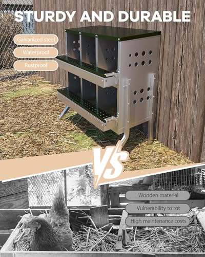 6-Compartment Chicken Nesting Box, Heavy Duty Galvanized Steel Poultry Nest Box, Wall Mount/Freestanding Design for Hens, Ducks, Backyard Homesteads & Farm Use, Dark Green, with 6 Eggs, with Stand - color: Dark Green, size: 6 Room&eggs
