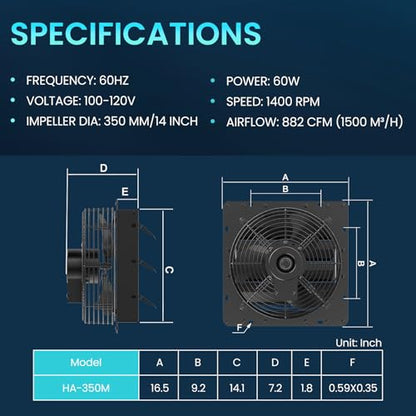 HG Power Upgraded 14 Inch Shutter Exhaust Fan, 882CFM High-Speed Vent Fan, 1400RPM Wall Mounted Attic Fan with Steel Mesh Screen for Shed, Garage, Greenhouse Ventilation, Black - size: 14 Inch Upgrade